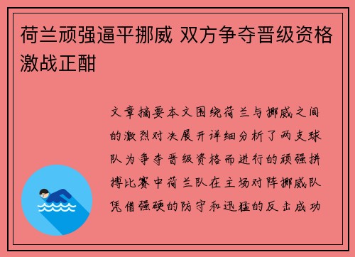 荷兰顽强逼平挪威 双方争夺晋级资格激战正酣 荷兰顽强逼平挪威 双方争夺晋级资格激战正酣