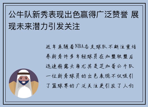 公牛队新秀表现出色赢得广泛赞誉 展现未来潜力引发关注 公牛队新秀表现出色赢得广泛赞誉 展现未来潜力引发关注