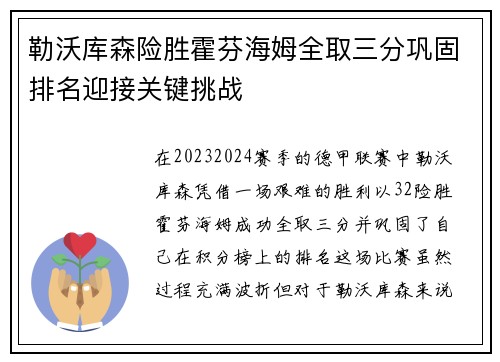 勒沃库森险胜霍芬海姆全取三分巩固排名迎接关键挑战