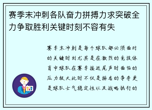 赛季末冲刺各队奋力拼搏力求突破全力争取胜利关键时刻不容有失